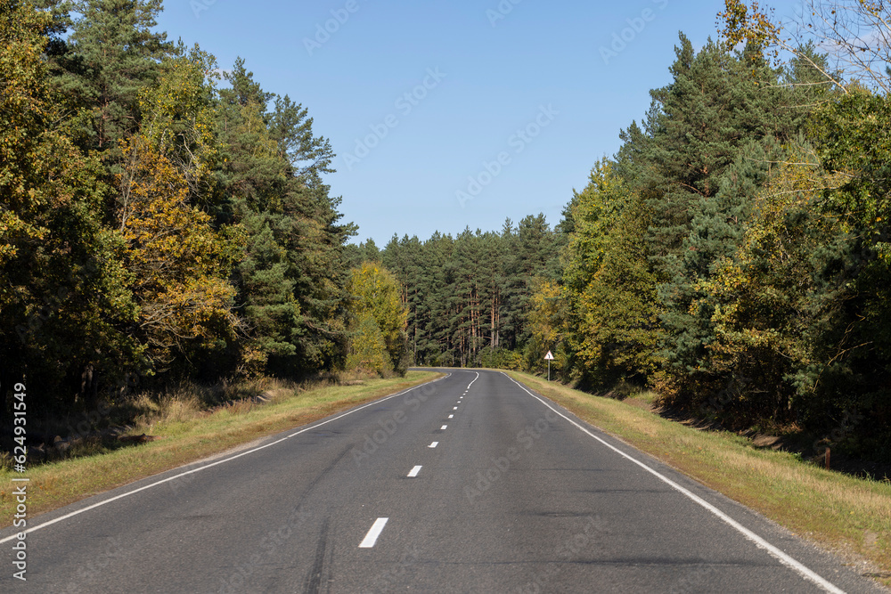 Paved road in the autumn season in sunny weather Paved road in the autumn season in sunny weather