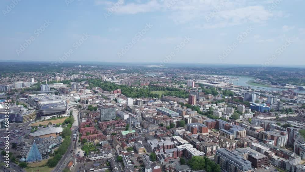 The epic aerial view flying across the downtown of the Southampton, UK, daytime The epic aerial view flying across the downtown of the Southampton, UK, daytime