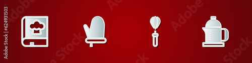 Set Cookbook, Oven glove, Kitchen whisk and French press icon. Vector