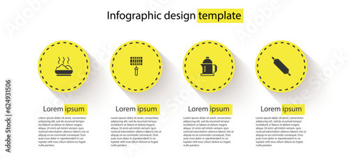 Set Bowl of hot soup, Barbecue steel grid, French press and Rolling pin. Business infographic template. Vector