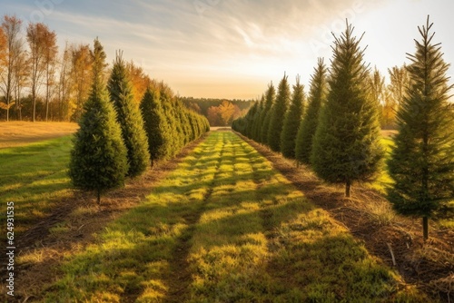 rows of neatly planted pines in a tree farm landscape, created with generative ai