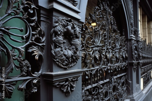 architectural detail close-up of decorative ironwork on a building exterior, created with generative ai