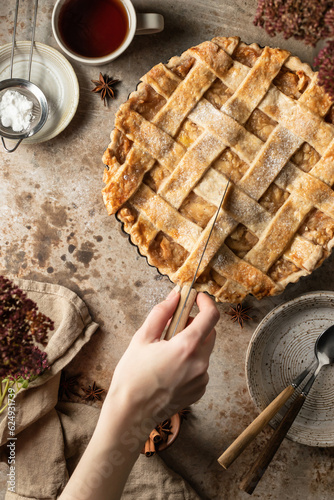 Traditional apple pie on brown textured background in rustic composition, top view. Female hand cuts a pie. Seasonal autumn food concept