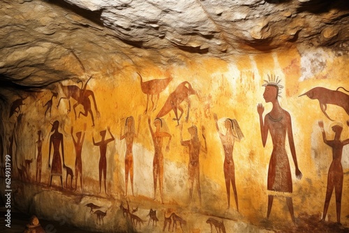 intricate cave art in various shades of ochre, created with generative ai photo