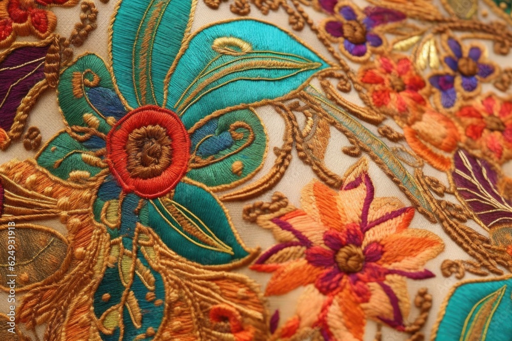 close up of intricate embroidery on sari fabric, created with generative ai close up of intricate embroidery on sari fabric, created with generative ai
