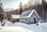 snowy solar panels on a tiny house, off-grid living, created with generative ai
