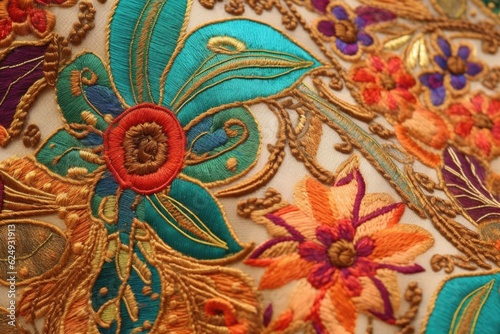 close up of intricate embroidery on sari fabric, created with generative ai