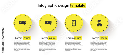 Set Hello in different languages, Speech bubbles with Question, Online translator and Graduate and graduation cap. Business infographic template. Vector