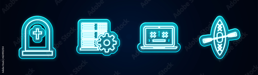 Set line Tombstone with cross, Server setting, Dead laptop and Kayak and paddle. Glowing neon icon. Vector