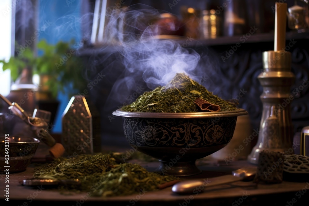 incense burning next to a brewing jebena, created with generative ai