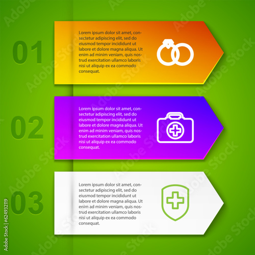 Set line Wedding rings, First aid kit, Medical shield with cross and Monitor graduation cap. Business infographic template. Vector