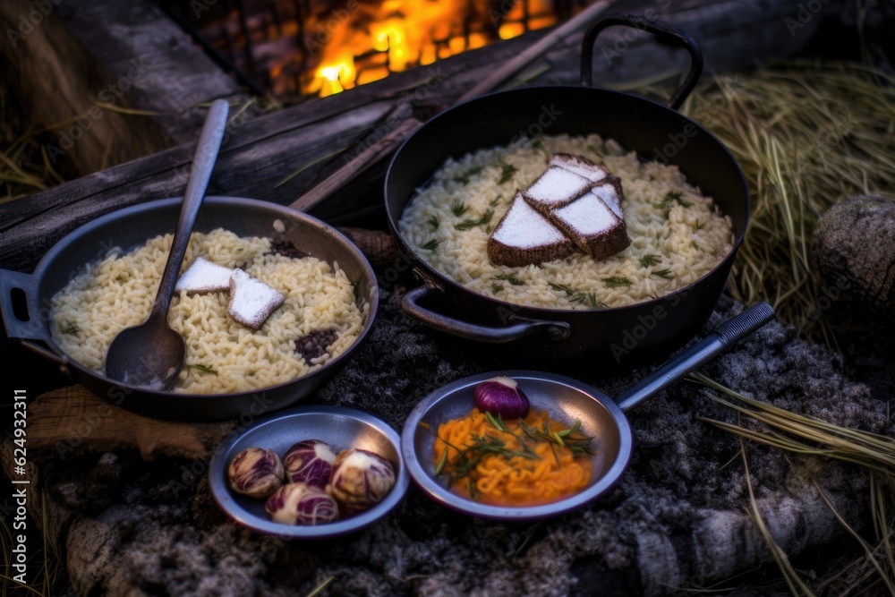 ingredients for risotto arranged around campfire, created with generative ai ingredients for risotto arranged around campfire, created with generative ai