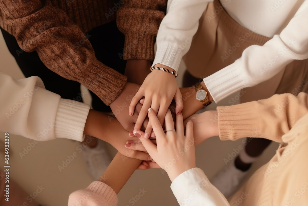 Agreement, teamwork, cooperation, solidarity community concept. Multiethnic people holding hands together yellow background, diverse multiethnic business team promising help and support. Generative AI