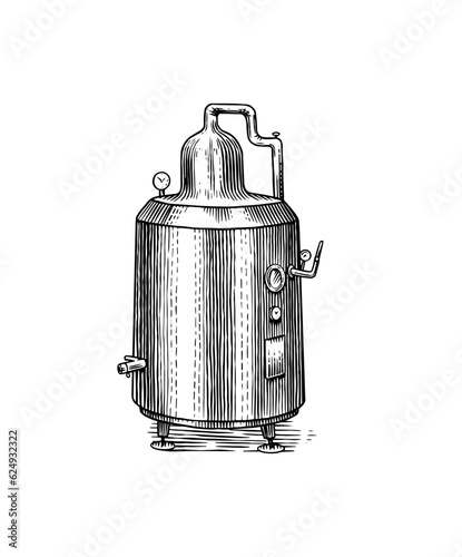 Distilled alcohol. Device for preparing tequila, cognac and spirits. Engraved hand drawn vintage sketch. Woodcut style. Vector illustration for menu or poster.