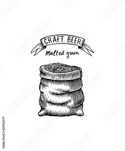 Bag of wheat and grains and hop for making beer. Hand drawn sketch illustration for menu, label, icon or poster.