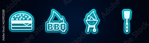 Set line Burger, Barbecue fire flame, grill and spatula. Glowing neon icon. Vector