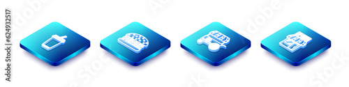 Set Isometric line Glass with water, Burger, Fast street food cart and Pizzeria building facade icon. Vector