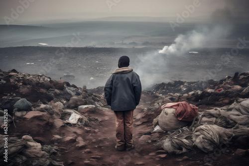 Environmental problem in poor country. Kid standing in garbage at the city dump surrounded by polluted air. Little child dressed in tattered clothes at the towering mountains of trash. Generative AI