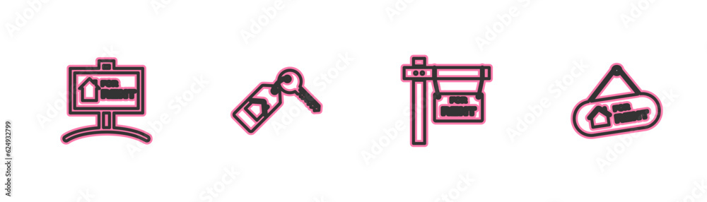 Set line Hanging sign with For Rent, , House key and icon. Vector Set line Hanging sign with For Rent, , House key and icon. Vector