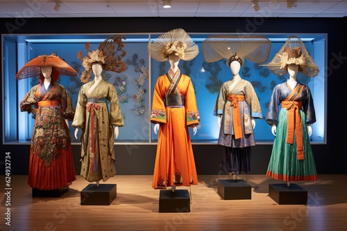 showcase of various hanbok accessories, such as headdresses and shoes, created with generative ai