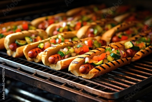 vegan hot dogs sizzling on a charcoal grill, created with generative ai