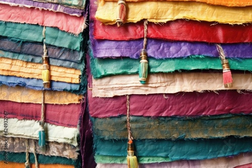 close-up of colorful tibetan prayer flags fabric, created with generative ai