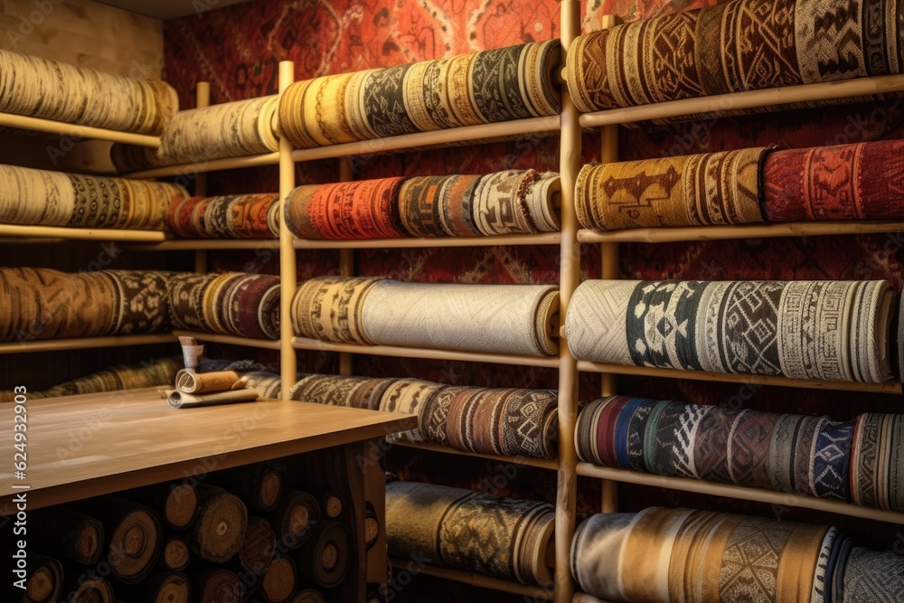 tapa cloth rolled and stored on wooden shelves, created with generative ai