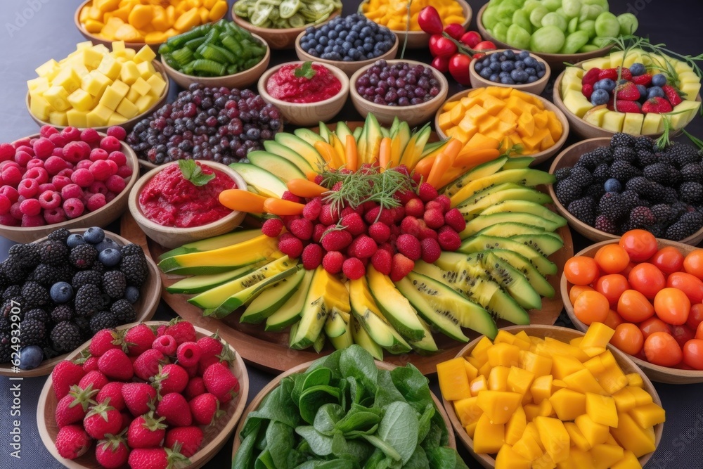 platters of ripe fruits and vegetables in a variety of colors and shapes, created with generative ai platters of ripe fruits and vegetables in a variety of colors and shapes, created with generative ai
