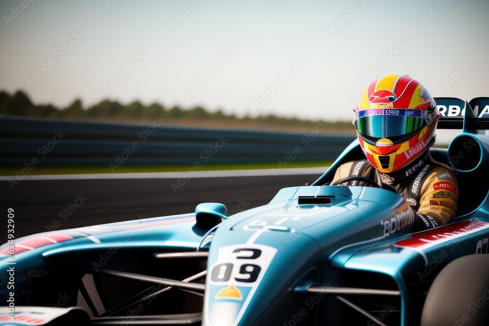 Fototapeta premium A Helmeted Race Car Driver At The Wheel in cockpit ready to competition. Speed of modern life concept. Generative AI