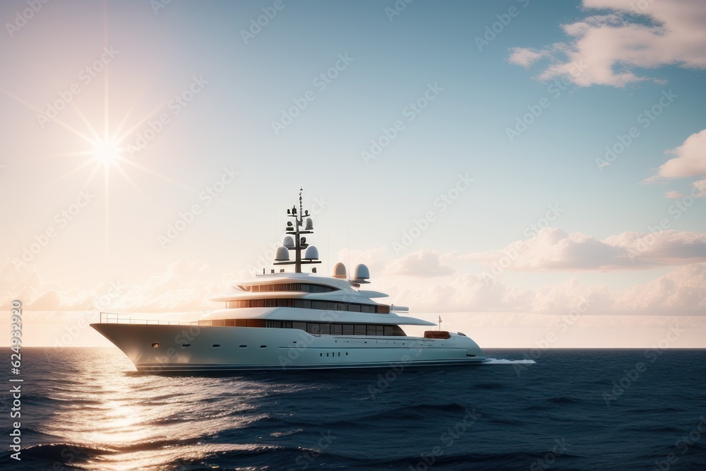 Aerial view of luxury yacht and blue sea at sunny bright day in summer. Big white modern boat. Top view of beautiful futuristic yacht, bay, mountains, clear water, sky. Generative AI