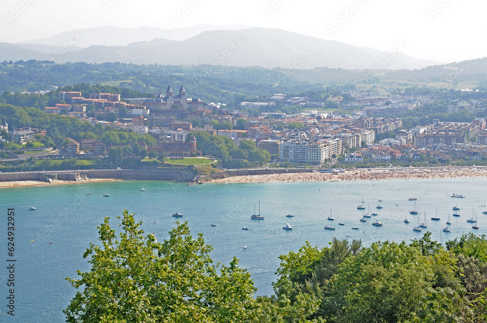 View over the city, beach, mountains and sea in San Sebastian or Donostia, Spanish Basque Country, Europe on a summer day