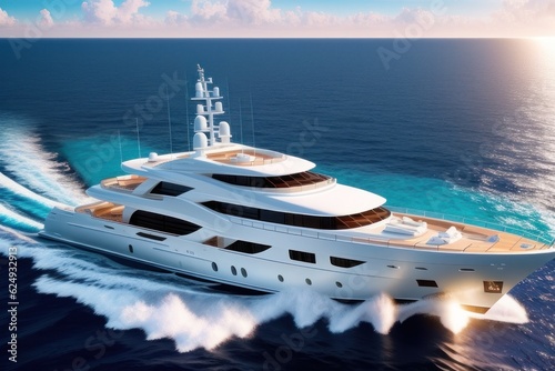 Aerial view of luxury yacht and blue sea at sunny bright day in summer. Big white modern boat. Top view of beautiful futuristic yacht, bay, mountains, clear water, sky. Generative AI