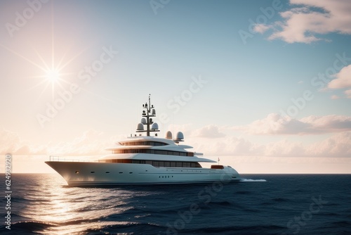 Aerial view of luxury yacht and blue sea at sunny bright day in summer. Big white modern boat. Top view of beautiful futuristic yacht, bay, mountains, clear water, sky. Generative AI © useful pictures