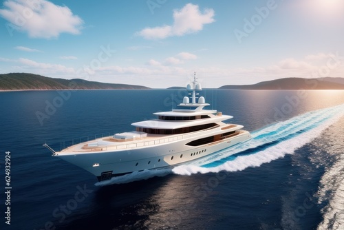 White yacht deck sailing on sea waves on sunny day. Sea voyage on luxury yacht. Clear blue sky above horizon. Concept of success, travel cruise, lifestyle, freedom. No people. Generative AI