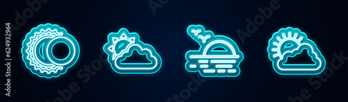 Set line Eclipse of the sun, Sun and cloud weather, Sunset and . Glowing neon icon. Vector