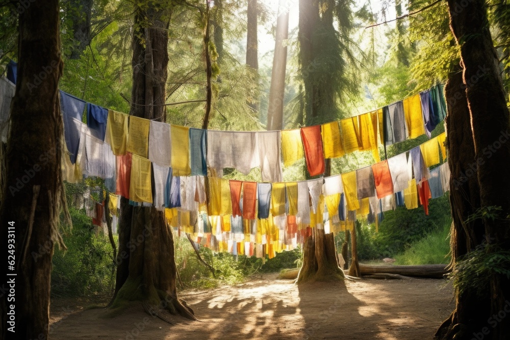 prayer flags displayed in a peaceful outdoor setting, created with generative ai
