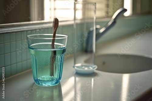 toothbrush in glass near bathroom sink, created with generative ai