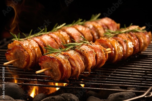 bbq sausages wrapped in bacon on grill rack, created with generative ai