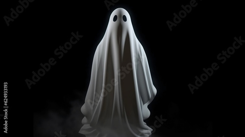 A spectral ghost gracefully drifts within the depths of darkness, emanating an otherworldly presence.