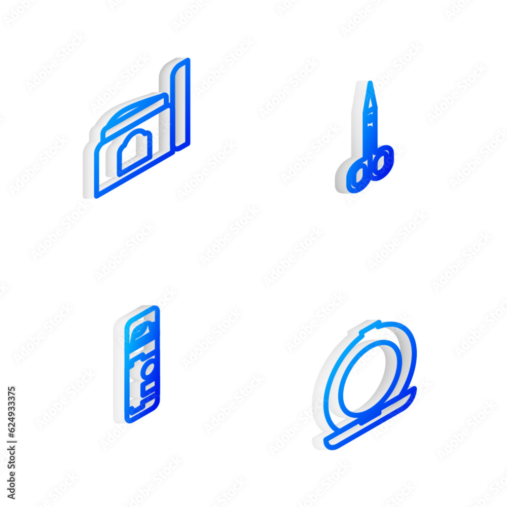 Set Isometric line Scissors, Cream cosmetic tube, Shaving gel foam and Makeup powder with mirror icon. Vector Set Isometric line Scissors, Cream cosmetic tube, Shaving gel foam and Makeup powder with mirror icon. Vector