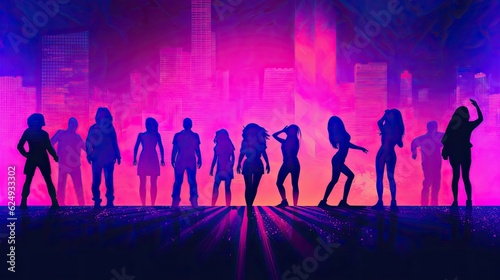 Crowd of people in silhouette on dance floor on neon light background. Night life, club, music, dance, movement. Purple-pink colors and moving women and men.
