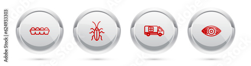 Set line Chicken egg in box, Cockroach, Emergency car and Reddish eye allergic conjunctivitis. Silver circle button. Vector