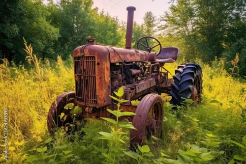 abandoned rusty tractor in overgrown field, created with generative ai