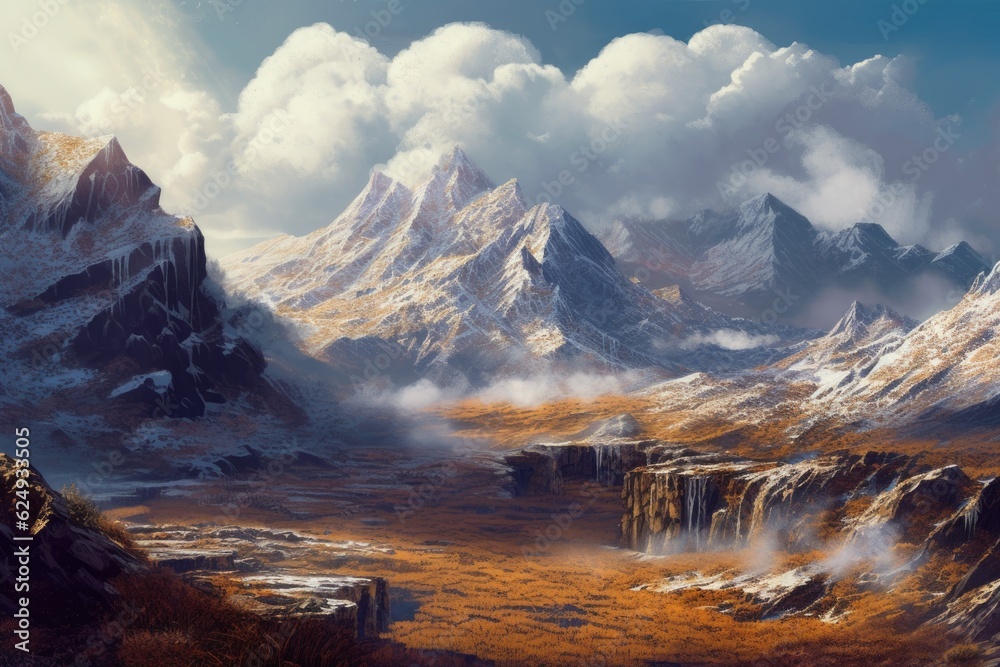 volcanic landscape with steam vents and snow-capped mountains, created with generative ai