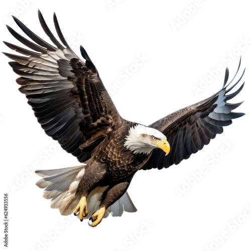 a  Bald Eagle (Haliaeetus leucocephalus) in flight, 3/4 view, American Icon of Freedom in a Nature-themed, photorealistic illustration in a PNG, cutout, and isolated. Generative AI © Purple Penguin GFX