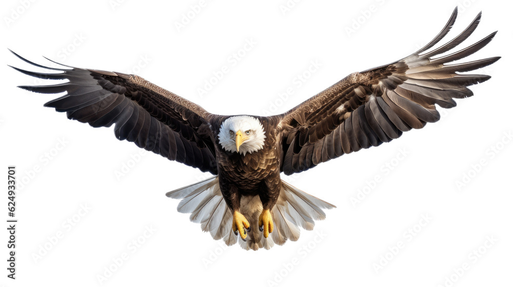 Obraz premium a Bald Eagle (Haliaeetus leucocephalus) in flight, full body frontal view in a Wildlife-themed, photorealistic illustration in a PNG format, cutout, and isolated. Generative AI