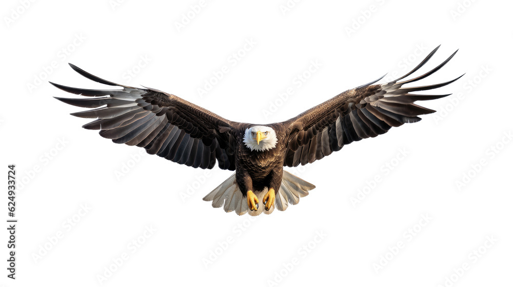 Naklejka premium a Bald Eagle (Haliaeetus leucocephalus) in flight, full body frontal view in a Wildlife-themed, photorealistic illustration in a PNG format, cutout, and isolated. Generative AI