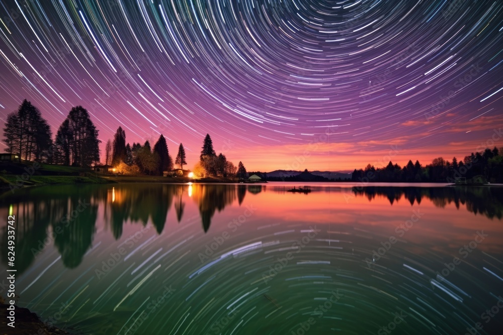 star trails reflecting on calm lake surface at night, created with generative ai