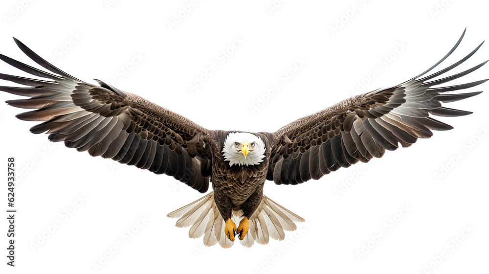 Obraz premium a Bald Eagle (Haliaeetus leucocephalus) in flight, full body frontal view in a Wildlife-themed, photorealistic illustration in a PNG format, cutout, and isolated. Generative AI