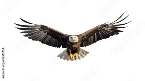 a Bald Eagle (Haliaeetus leucocephalus) in flight, full body frontal view in a Wildlife-themed, photorealistic illustration in a PNG format, cutout, and isolated. Generative AI